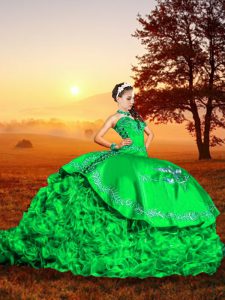 Edgy Lace Up Quinceanera Dress Green for Military Ball and Sweet 16 and Quinceanera with Embroidery and Ruffles Brush Train