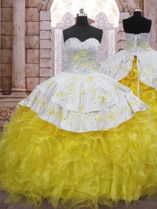 Best Selling Yellow And White Ball Gowns Beading and Appliques and Ruffles Sweet 16 Dresses Lace Up Organza Sleeveless
