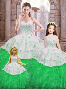 Luxury Beading and Appliques and Ruffles Ball Gown Prom Dress Green Lace Up Sleeveless Floor Length