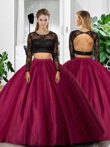 Decent Fuchsia Two Pieces Tulle Scoop Long Sleeves Lace and Ruching Floor Length Backless 15 Quinceanera Dress
