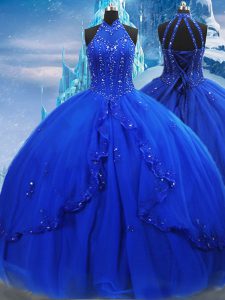 Extravagant Lace Up 15th Birthday Dress Royal Blue for Military Ball and Sweet 16 and Quinceanera with Beading and Ruffles Brush Train