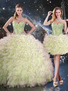 Dynamic Sleeveless Floor Length Beading and Ruffles Lace Up 15 Quinceanera Dress with Yellow Green