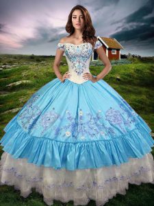 Fantastic Taffeta Off The Shoulder Sleeveless Lace Up Beading and Embroidery and Ruffled Layers Quince Ball Gowns in Baby Blue