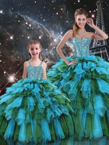 Floor Length Multi-color Sweet 16 Dresses Organza Sleeveless Beading and Ruffles and Ruffled Layers