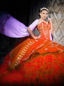Orange Red Lace Up Quince Ball Gowns Embroidery and Ruffles Sleeveless Brush Train