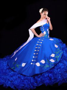 Customized Brush Train Ball Gowns 15th Birthday Dress Royal Blue Sweetheart Organza Sleeveless Lace Up
