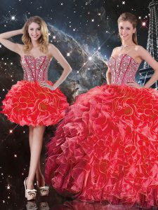 Charming Sleeveless Floor Length Beading and Ruffles Lace Up 15 Quinceanera Dress with Coral Red