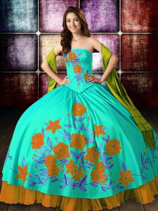 Multi-color Satin Lace Up Strapless Sleeveless Floor Length Quinceanera Dress Embroidery