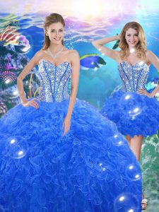 Pretty Royal Blue Ball Gowns Organza Sweetheart Sleeveless Beading and Ruffles Floor Length Lace Up Sweet 16 Dresses