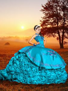 Sweetheart Sleeveless Sweet 16 Quinceanera Dress Brush Train Embroidery and Ruffles Baby Blue Organza