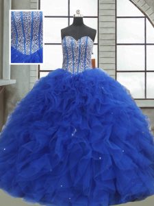Royal Blue Lace Up Sweetheart Beading and Ruffles and Sequins 15th Birthday Dress Organza Sleeveless