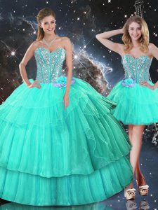 New Arrival Turquoise Lace Up Sweetheart Ruffled Layers and Sequins Quinceanera Gowns Organza Sleeveless