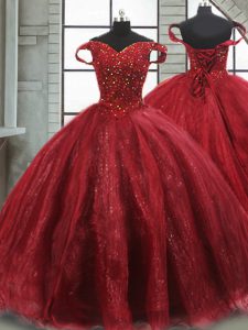 New Arrival Wine Red Lace Up 15 Quinceanera Dress Beading Sleeveless Brush Train