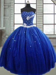 Exquisite Strapless Sleeveless Lace Up Quinceanera Gown Royal Blue Tulle