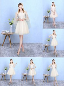 Exceptional Champagne Damas Dress Wedding Party with Lace V-neck Cap Sleeves Lace Up