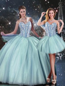 Sleeveless Floor Length Beading Lace Up Quinceanera Gown with Light Blue