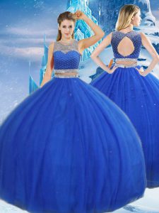 Elegant Asymmetrical Royal Blue Ball Gown Prom Dress Tulle Sleeveless Beading and Sequins