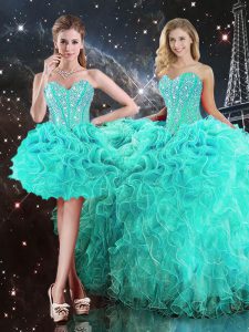 Turquoise Quinceanera Gowns Military Ball and Sweet 16 and Quinceanera with Beading and Ruffles Sweetheart Sleeveless Lace Up