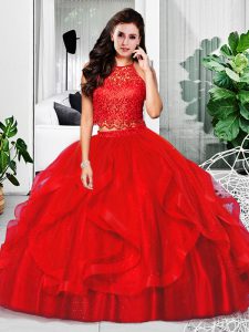 New Style Tulle Halter Top Sleeveless Zipper Lace and Ruffles Quinceanera Dress in Red