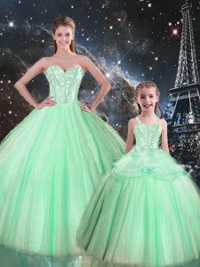 Apple Green Ball Gowns Beading Sweet 16 Dress Lace Up Tulle Sleeveless Floor Length