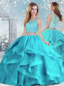 Sleeveless Floor Length Beading and Ruffles Clasp Handle Quinceanera Gowns with Aqua Blue
