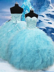 Most Popular Sweetheart Sleeveless Lace Up 15 Quinceanera Dress Aqua Blue Tulle