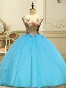 Baby Blue Ball Gowns Scoop Sleeveless Organza Floor Length Lace Up Appliques Sweet 16 Dress