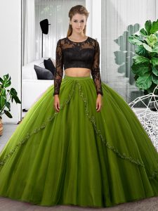 Olive Green Long Sleeves Lace and Ruching Floor Length Quince Ball Gowns