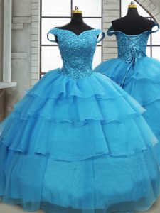 Stunning Baby Blue Sleeveless Beading and Ruffled Layers Lace Up 15th Birthday Dress
