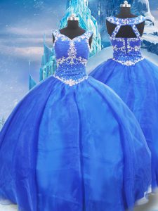 Noble Blue Sleeveless Organza Zipper Sweet 16 Quinceanera Dress for Military Ball and Sweet 16 and Quinceanera