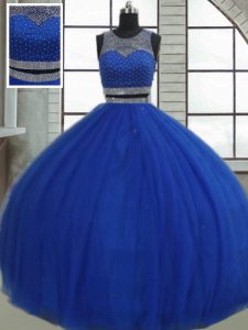 Beading and Sequins Quince Ball Gowns Royal Blue Clasp Handle Sleeveless Floor Length