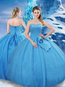 Delicate Bowknot Ball Gown Prom Dress Baby Blue Lace Up Sleeveless Floor Length