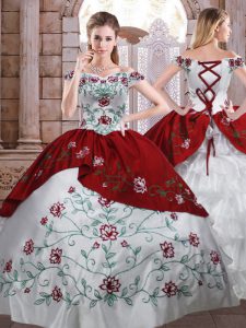 Ball Gowns 15 Quinceanera Dress White And Red Off The Shoulder Taffeta Sleeveless Floor Length Lace Up
