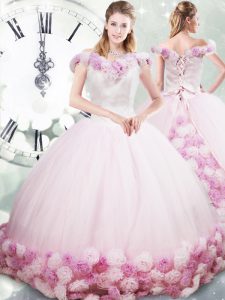 Cheap Pink Fabric With Rolling Flowers Lace Up Quinceanera Gown Sleeveless Brush Train Hand Made Flower