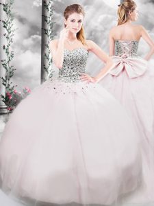 High Class Pink Ball Gowns Beading and Bowknot Quince Ball Gowns Lace Up Tulle Sleeveless