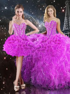 Smart Fuchsia Sleeveless Organza Lace Up Sweet 16 Dress for Military Ball and Sweet 16 and Quinceanera