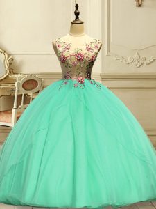 Apple Green Ball Gowns Appliques 15th Birthday Dress Lace Up Organza Sleeveless Floor Length