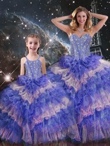 Beautiful Multi-color Sleeveless Floor Length Ruffled Layers and Sequins Lace Up Sweet 16 Dresses