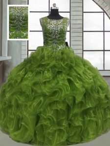 Sleeveless Floor Length Beading and Ruffles Lace Up Quinceanera Gown with Olive Green