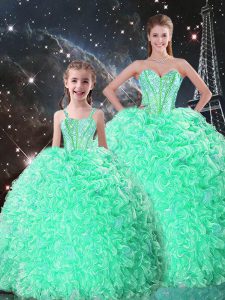 Apple Green Sleeveless Floor Length Beading and Ruffles Lace Up 15th Birthday Dress