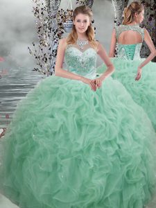 Vintage Organza Scoop Sleeveless Lace Up Beading and Ruffles Quinceanera Dress in Apple Green