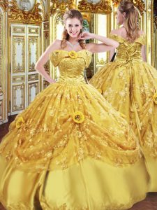 Gold Lace Up 15 Quinceanera Dress Beading and Appliques and Hand Made Flower Sleeveless Floor Length