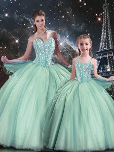 Dramatic Turquoise Tulle Lace Up Sweet 16 Dress Sleeveless Floor Length Beading