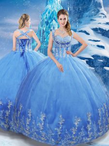 Designer Baby Blue Sleeveless Beading and Appliques Floor Length Sweet 16 Dresses