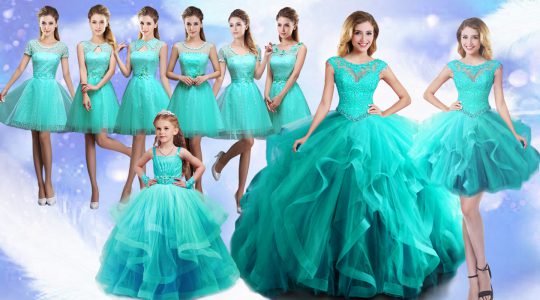 Turquoise Ball Gowns Beading and Lace Vestidos de Quinceanera Lace Up Tulle Sleeveless Floor Length
