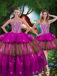 Multi-color Organza Lace Up Sweetheart Sleeveless Floor Length Sweet 16 Quinceanera Dress Beading and Ruffled Layers and Sequins