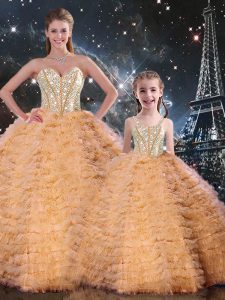 Suitable Orange Ball Gowns Tulle Sweetheart Sleeveless Beading and Ruffles Floor Length Lace Up 15 Quinceanera Dress