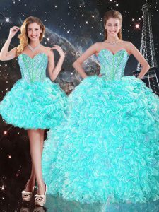 Ideal Aqua Blue Two Pieces Strapless Sleeveless Organza Floor Length Lace Up Beading and Ruffles Quinceanera Gowns