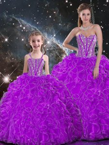 New Arrival Purple Ball Gowns Organza Sweetheart Sleeveless Beading and Ruffles Floor Length Lace Up Sweet 16 Dresses