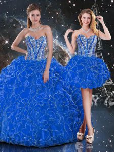 Elegant Sweetheart Sleeveless Sweet 16 Dresses Floor Length Beading and Ruffles Blue Organza
